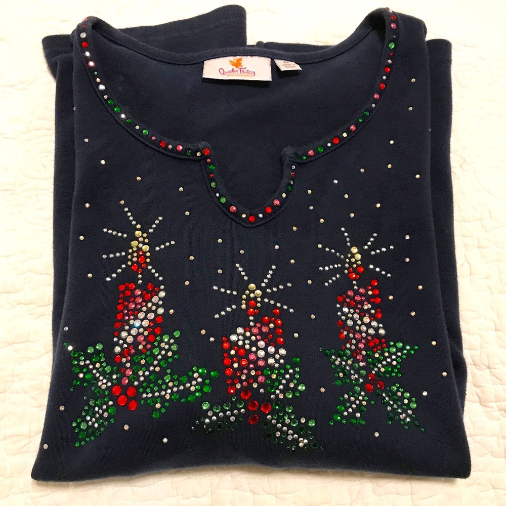 QF navy blue holiday 3/4 sleeve top with 3 blingy candles — sparkly! (2X)